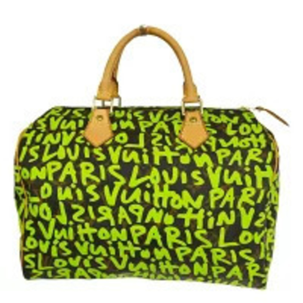 Louis Vuitton Speedy Handbag Monogram Graffiti Leather Green Brown